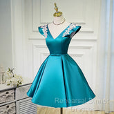 Teal Blue Satin Short Party Dress With White Lace, Blue Homecoming Dress Semi Formal Prom Dress